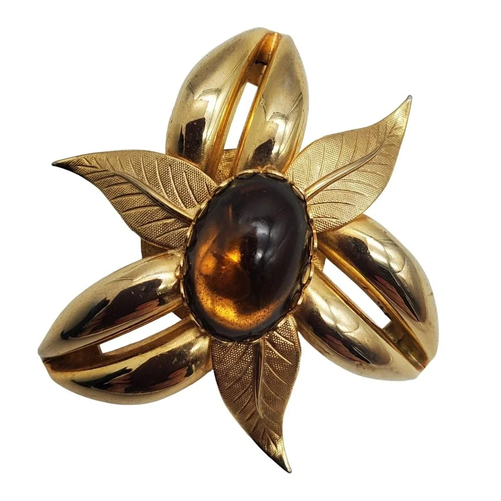 Brown Topaz Glass Brooch Domed Flower Pin Gold Tone Curved MCM Vintage 1960s